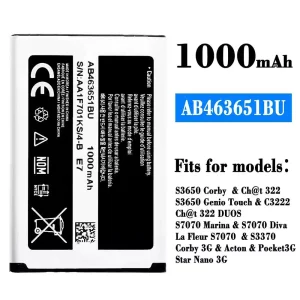 Phone battery AB463651BU for Samsung S3650 Corby