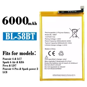 Phone battery BL-58BT for Tecno Pouvoir 4 / Pouvoir 4 Pro/ Spark 6 Air / Spark power 2