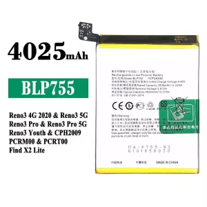 Phone battery BLP755 for OPPO Reno 3 4G 2020 / Reno 3 5G / Reno 3 Pro / Reno 3 Youth / Find X2 Lite